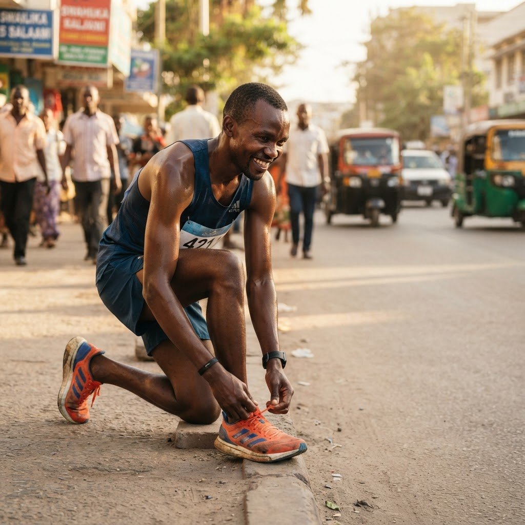 Cinematic portrait of a smiling male marathon runner tying his athletic footwear outdoors in Dar Es Salaam, warm natural sunlight